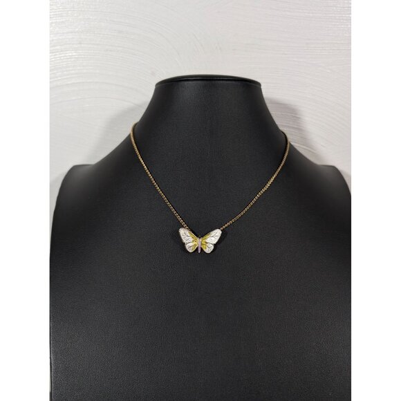 Vintage White Green Enamel Butterfly Pendant Necklace Gold tone 16" - Picture 2 of 9